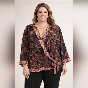 NWT DRESSBARN Boho Paisley Animal Print Wrap Blouse | Tie Waist | Chic Top - XL